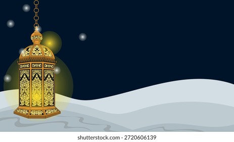Hermoso fondo de Ramadán Kareem con una linterna colgante de oro detallada sobre un paisaje nocturno nevado con estrellas. Moderna Ilustración vectorial plana con espacio de copia para texto
