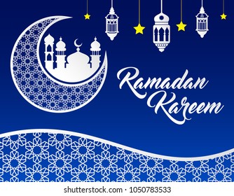 beautiful ramadan kareem background with paper art style on blue background