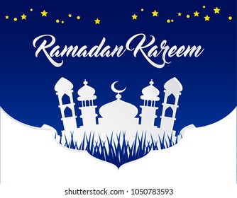 beautiful ramadan kareem background with paper art style on blue background