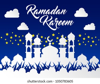 beautiful ramadan kareem background with paper art style on blue background