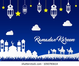 beautiful ramadan kareem background with paper art style on blue background