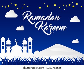 beautiful ramadan kareem background with paper art style on blue background