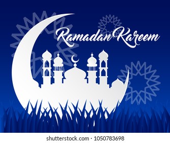 beautiful ramadan kareem background with paper art style on blue background