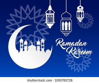 beautiful ramadan kareem background with paper art style on blue background