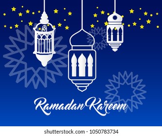 beautiful ramadan kareem background with paper art style on blue background