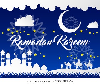 beautiful ramadan kareem background with paper art style on blue background
