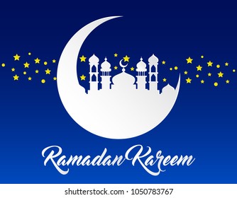 beautiful ramadan kareem background with paper art style on blue background
