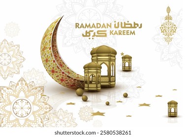 A beautiful "Ramadan Kareem" design featuring a crescent moon, glowing lanterns, and elegant Arabic calligraphy. Perfect for festive greetings, Islamic celebrations, and social media posts.