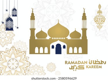 A beautiful "Ramadan Kareem" design featuring a mosque silhouette, crescent moon, and glowing lanterns, symbolizing peace and spirituality. Perfect for festive greetings and Islamic celebrations.