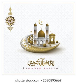 A beautiful "Ramadan Kareem" design featuring a mosque silhouette, crescent moon, and glowing lanterns, symbolizing peace and spirituality. Perfect for festive greetings and Islamic celebrations.