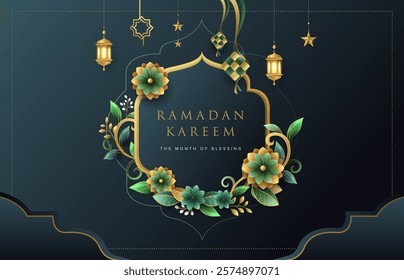 Beautiful Ramadan Kareem design template with flowers and gold islamic lanterns, star and moon. Raya and ramadan template design for poster, banner and greeting cards.