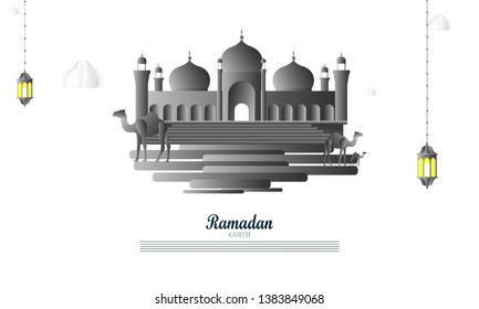 beautiful ramadan kareem greeting card design, Ramadan Kareem greeting with mosque and calligraphy lettering background. Vector 