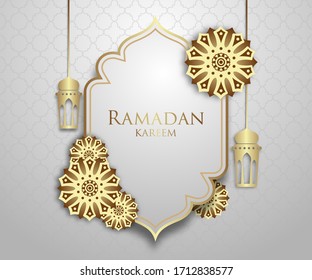 Beautiful Ramadan Kareem greeting card design. with hanging lanterns and floral ornaments on a white background and pattern.