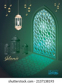 beautiful Ramadan Kareem greeting card design with mandala art Islamic calligraphy, 'Ramadan Kareem background with beautiful lanterns mosque Miner and Islamic Arabic