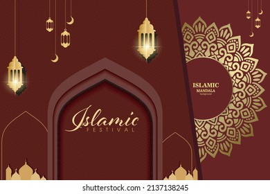 beautiful Ramadan Kareem greeting card design with mandala art Islamic calligraphy, 'Ramadan Kareem background with beautiful lanterns mosque Miner and Islamic Arabic