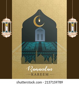 beautiful Ramadan Kareem greeting card design with mandala art Islamic calligraphy, 'Ramadan Kareem background with beautiful lanterns mosque Miner and Islamic Arabic