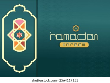 Beautiful Ramadan Kareem greeting card featuring Islamic geometric patterns, vibrant colors, and elegant typography. Perfect for digital or print uses like invitations, banners, and promotions.