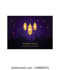 Beautiful Ramadan Kareem greeting design islamic line mosque dome with lamp- Vector
