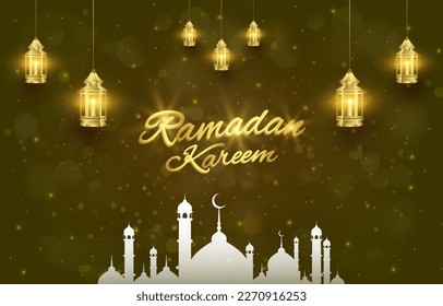 beautiful ramadan kareem illustration banner with shiny luxury light islamic ornament and abstract gradient green and brown background design