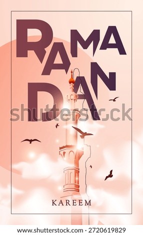 Beautiful Ramadan Kareem illustration with elegant mosque minaret, flying birds, soft clouds, and warm pastel tones, modern Islamic greeting poster and celebration background for holy month. soft pastel