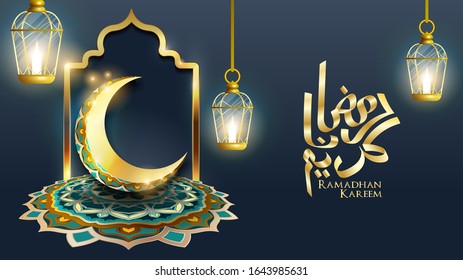 Beautiful Ramadan Kareem islamic greeting design with crescent moon and mandala
