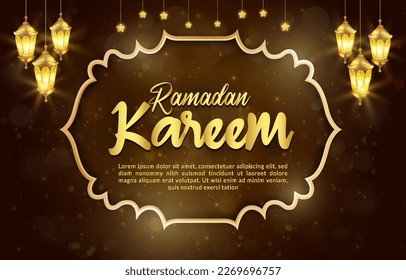 beautiful ramadan kareem template banner illustration with beautiful golden shiny islamic ornament and abstract gradient brown background design
