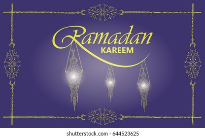 Beautiful Ramadan Kareem text and Arabic shining lamp Ornate design background