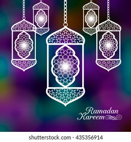 Beautiful Ramadan Kareem text design background. Illustration of Ramadan Kareem and Arabic lamp for the celebration of Muslim community festival.
