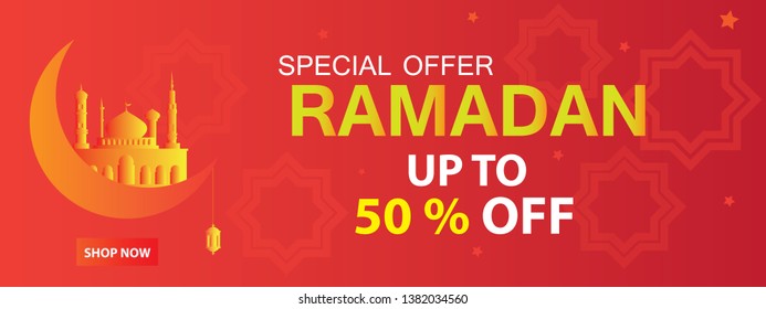 Beautiful ramadan Kareem vector sale. Banner, Discount, label, Greeting card, of Ramadan Kareem. Special Offer Ramadan Sale. Ramadan sale, web header or banner design with golden crescent moon. Eps 10