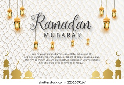 bello ramadan mubarak 2023 con banner de plantilla de ornamento islámico y diseño de fondo de lujo de gradiente abstracto blanco y dorado