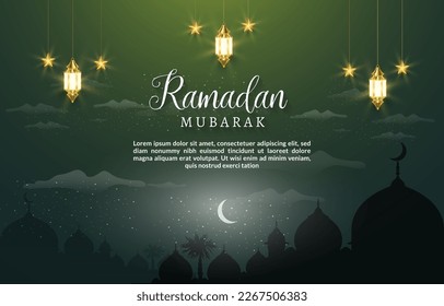 beautiful ramadan mubarak banner with abstract gradient green and yellow background design with beautiful light shiny luxury islamic ornament