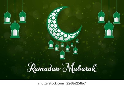 beautiful ramadan mubarak banner illustration with shiny islamic ornament and abstract gradient dark green background design