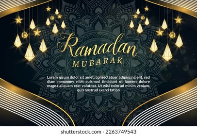 beautiful ramadan mubarak banner with beautiful shiny light luxury islamic ornament and abstract dark green background design