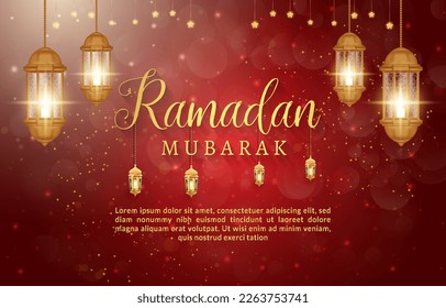 beautiful ramadan mubarak banner with beautiful shiny light luxury islamic ornament and abstract red and white background design