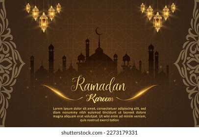 beautiful ramadan mubarak illustration banner with beautiful shiny luxury light islamic ornament and abstract gradient brown background design