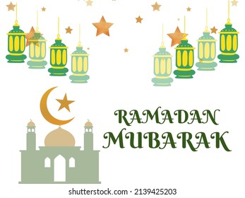 Beautiful ramadan Mubarak poster with transparent lanterns, stars and mosque 