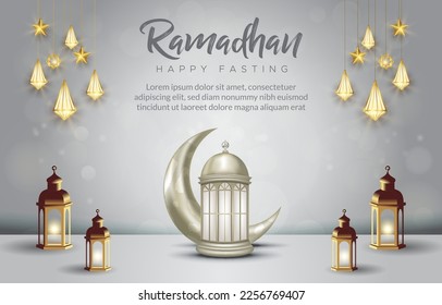 beautiful ramadan mubarak with beautiful shiny luxury islamic ornament and abstract gradient white and grey background design