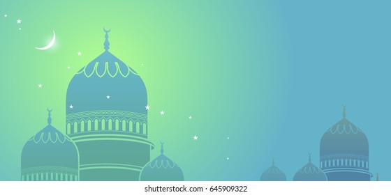 Beautiful Ramadan vector background banner. Empty space for text. Mosque silhouette on a light blue background with crescent and stars.