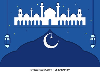 Beautiful Ramadan vector at night. decorated with traditional arabic lamps. and text space.
