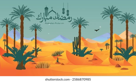 Beautiful Ramadan-themed digital illustration of a desert landscape with palm trees, sand dunes, and a serene sky. Features Arabic calligraphy reading 'Ramadan Mubarak,' mosque decorations