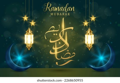 beautiful ramadhan mubarak banner with shiny lantern islamic ornament and abstract gradient green and blue background design