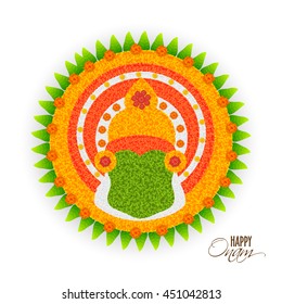 Beautiful Rangoli design with illustration of Kathakali Dancer Face for South Indian Famous Festival, Happy Onam celebration.