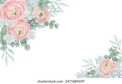 Hermoso fondo floral ranúnculo con hojas de eucalipto y molinero polvoriento, acuarela fondo floral