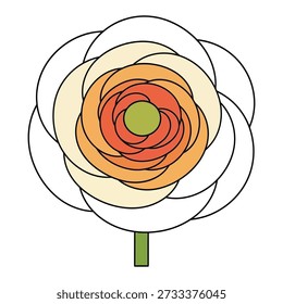 A beautiful ranunculus flower in a flat vector art style, featuring delicate orange and cream petals with a green center, isolated on a white background, conveying elegance and freshness.