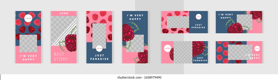 Beautiful raspberries attract attention on pink and blue background. Set of vertical and horizontal banners templates for design of social networks, instagram story and print with windows for images. 