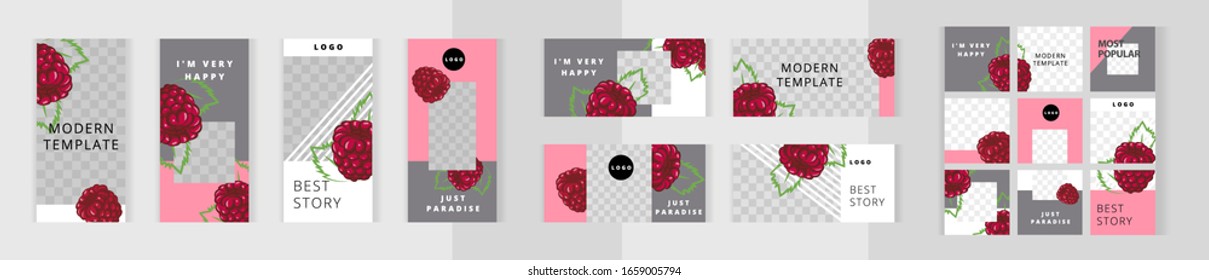 Beautiful raspberries attract attention on on delicate pink background. Big set of vertical, horizontal and square templates for design of social networks, instagram story and print with windows.