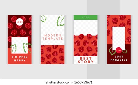 Beautiful raspberries pattern attract attention on red background. Set templates for design of social networks, story and print with windows for images. 