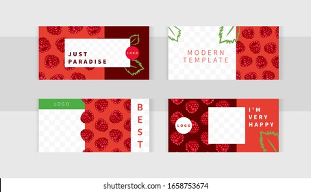 Hermoso patrón de frambuesas atrae la atención sobre el fondo rojo. Diseño de fondo de plantillas de banner horizontales con marco para imágenes. 