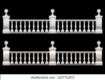 Beautiful Realistic 3d railing with ornament, stucco, marble, stone, Baroque with balls. Isolated Vector illustration