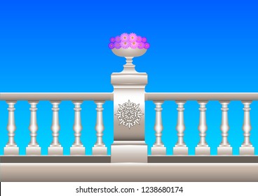 Beautiful Realistic 3d railing with ornament, stucco, marble, stone, Baroque with flower bed. Vector illustration